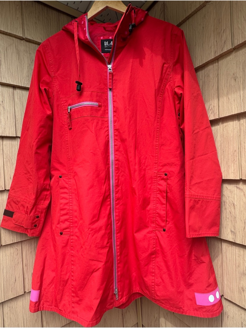 Blaest by Lilleboe Bright Red Hooded Rain Coat with Pink Polka Dots Size S